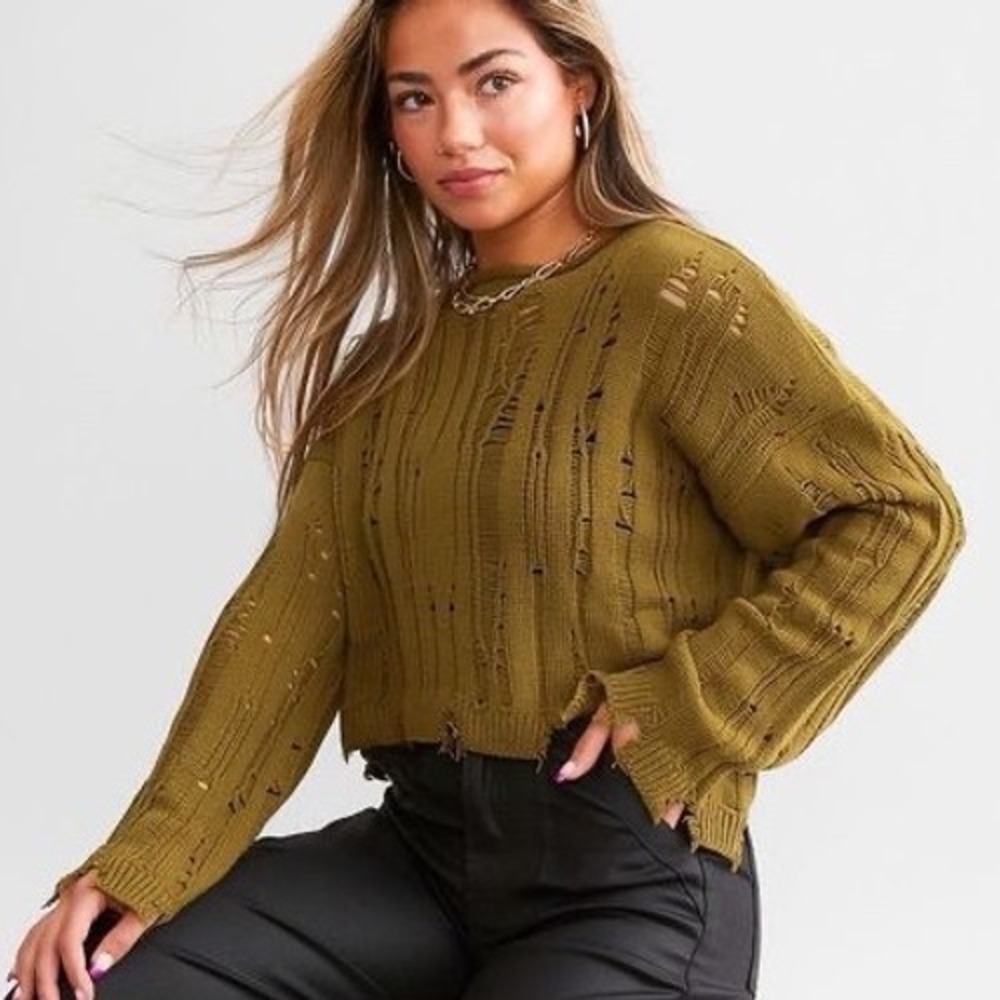 Open Knit Sweater Women Sz M Layer Military Green Distressed Fairy Grunge Goblin - Picture 1 of 11